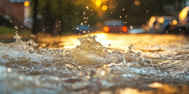 Rising floodwaters on a residential street in Texas, emphasizing the importance of flood insurance.